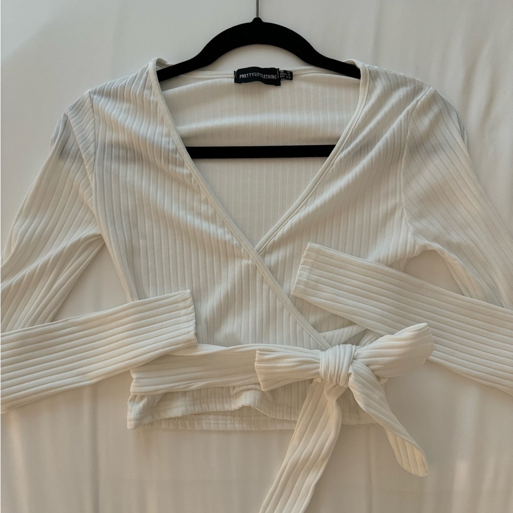 Pretty Little Thing Wrap Waist White Long Sleeve Crop Top